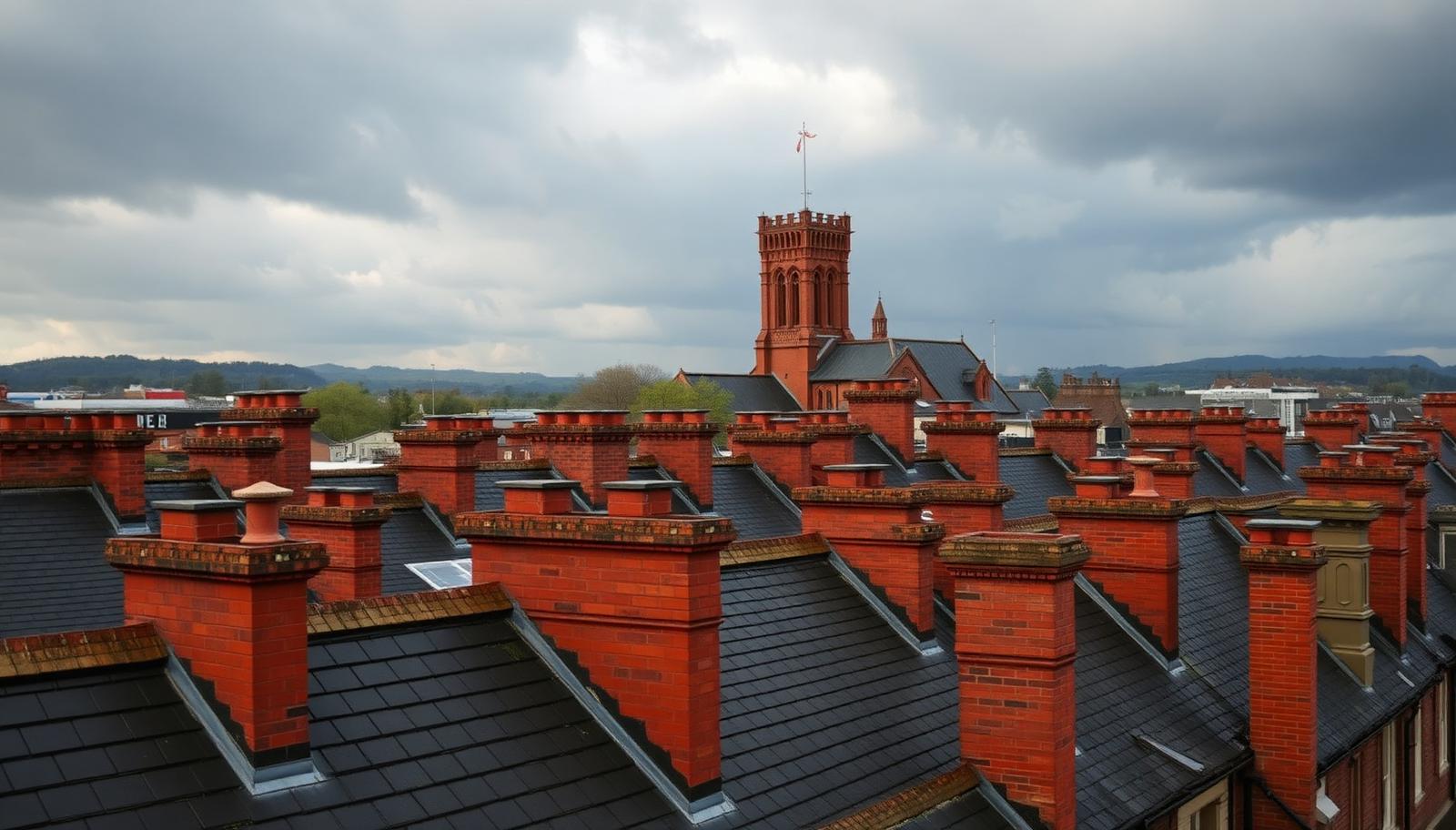 View across Carlisle rooftops showing Victorian slate roofs and red sandstone chimney stacks under a stormy Cumbrian sky