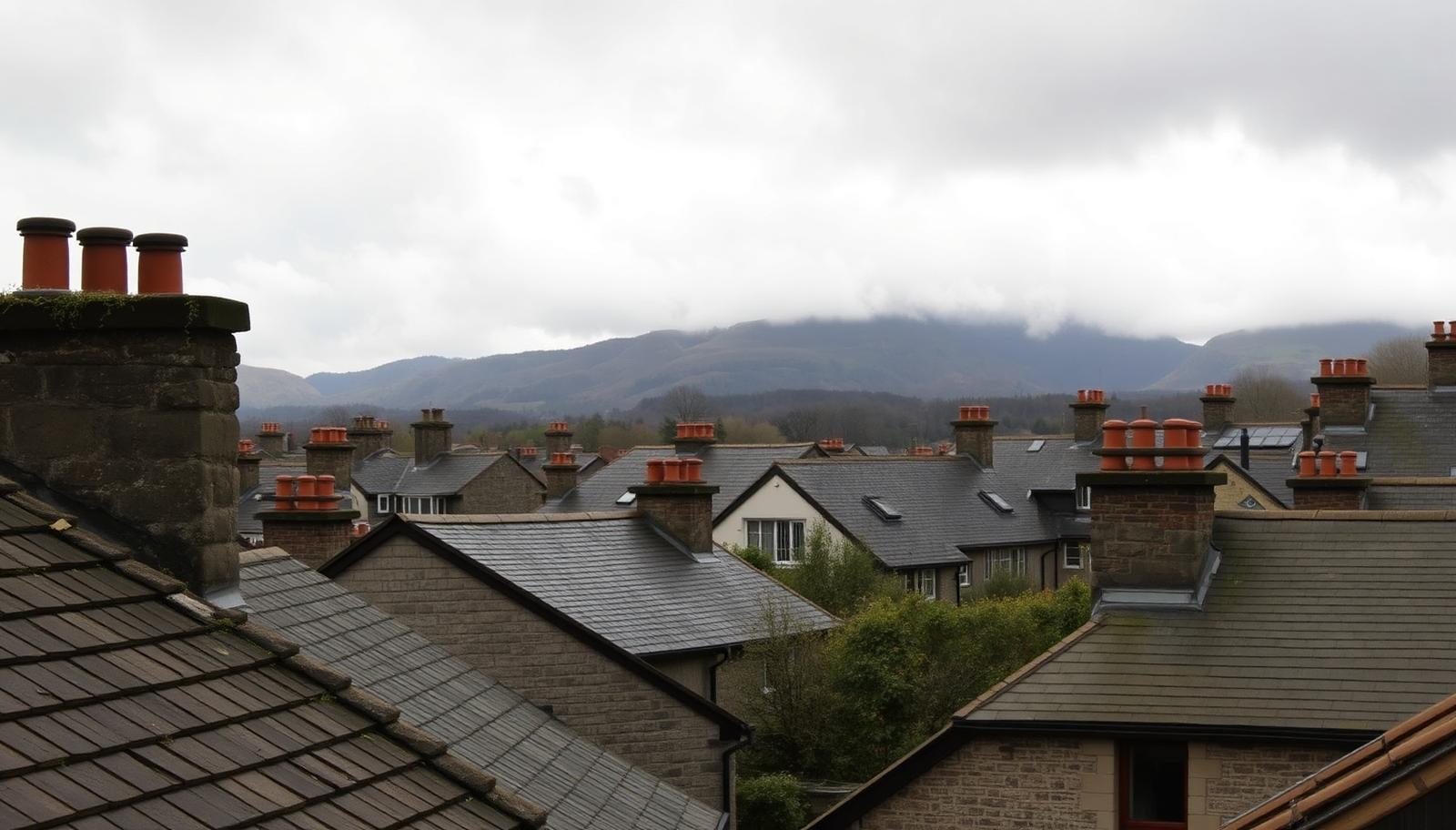 Slate rooftops and stone chimneys of a Cumbrian market town with the fells and low cloud behind on a damp day