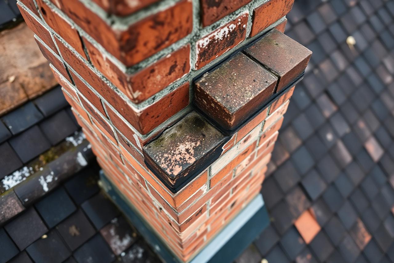 Drone survey close-up of a brick chimney stack with eroded mortar joints and cracked cement flashing