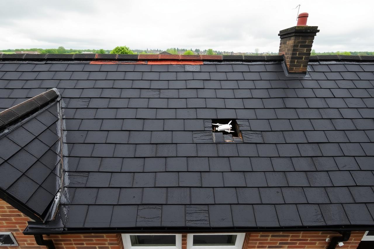 Drone survey image of a slate roof slope showing a group of slipped and missing slates below the ridge