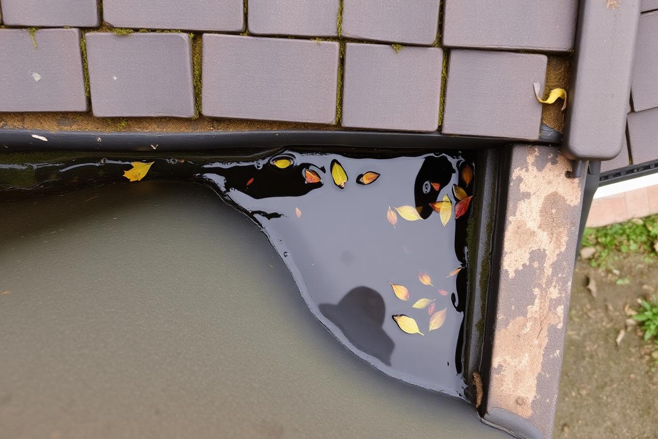 Drone survey image of a blocked gutter and valley holding standing water, moss and fallen leaves