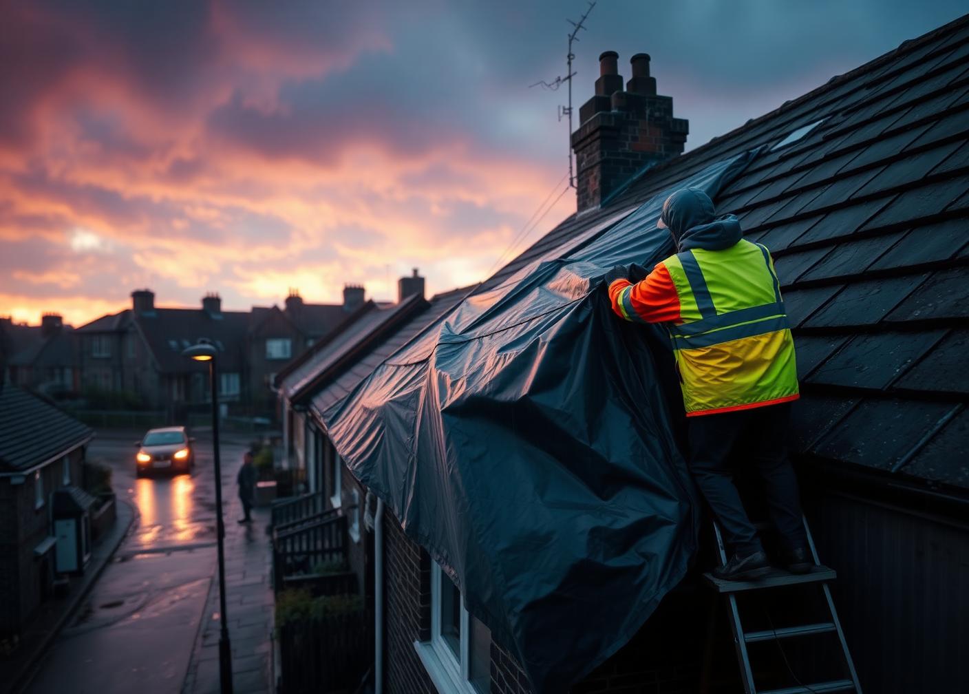 Roofer in a high-visibility jacket sheeting a storm-damaged slate roof with tarpaulin at dusk in heavy rain