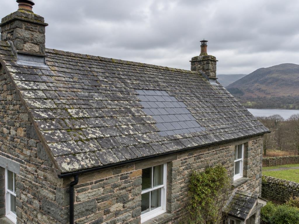 Illustrative example: aged slate cottage roof with one localised area of replacement slates in an otherwise sound covering