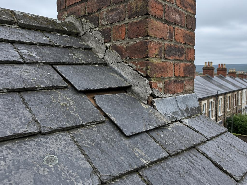 Illustrative example: slipped natural slates beside a brick chimney with a cracked mortar fillet