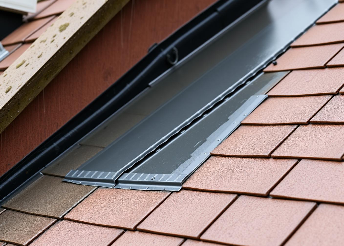 Close-up of newly dressed code-rated lead flashing and a lead-lined valley between two roof slopes, wet after rain