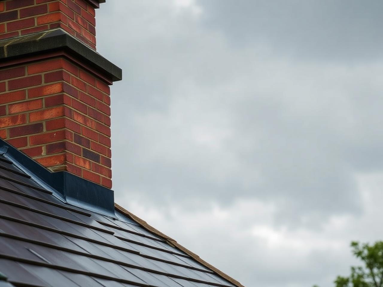 Rebuilt red brick chimney stack with new lead flashing and pots on a slate roof under grey cloud