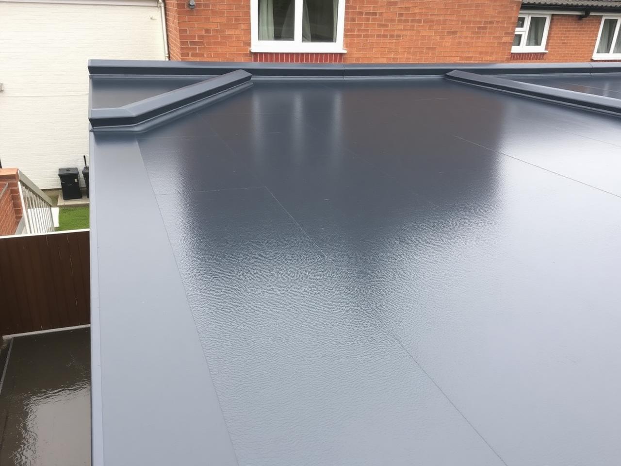 Newly installed dark grey single-ply flat roof on a rear house extension, wet after rain