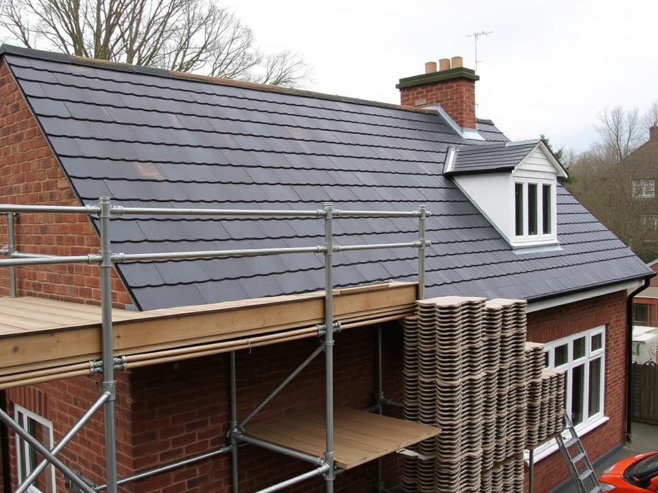 Semi-detached house mid-reroof in Penrith with scaffolding, new battens and stacked concrete roof tiles