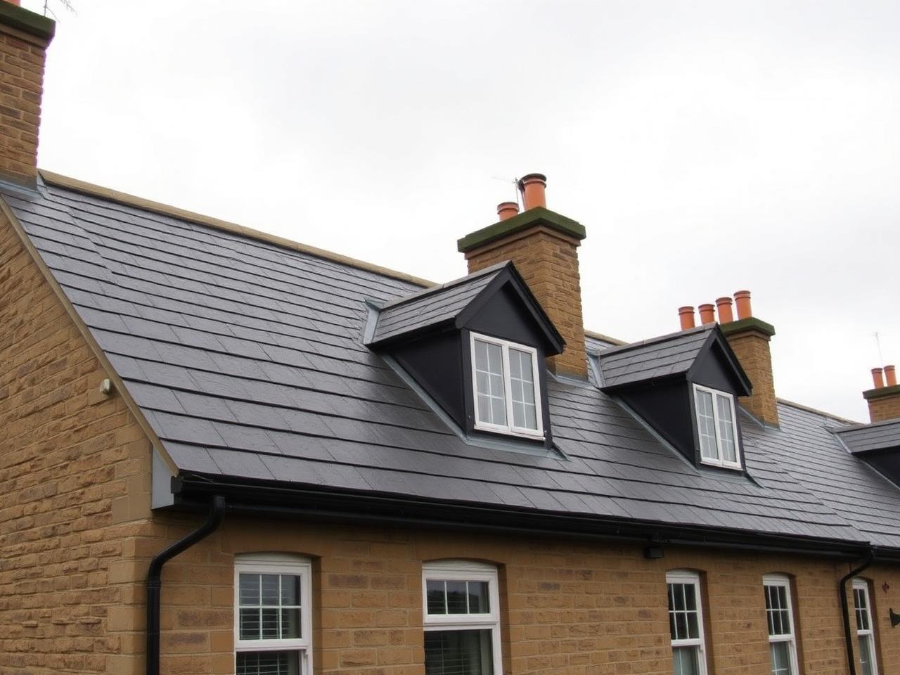 Repaired natural slate roof with new lead chimney flashing on a sandstone terrace in Carlisle under an overcast sky