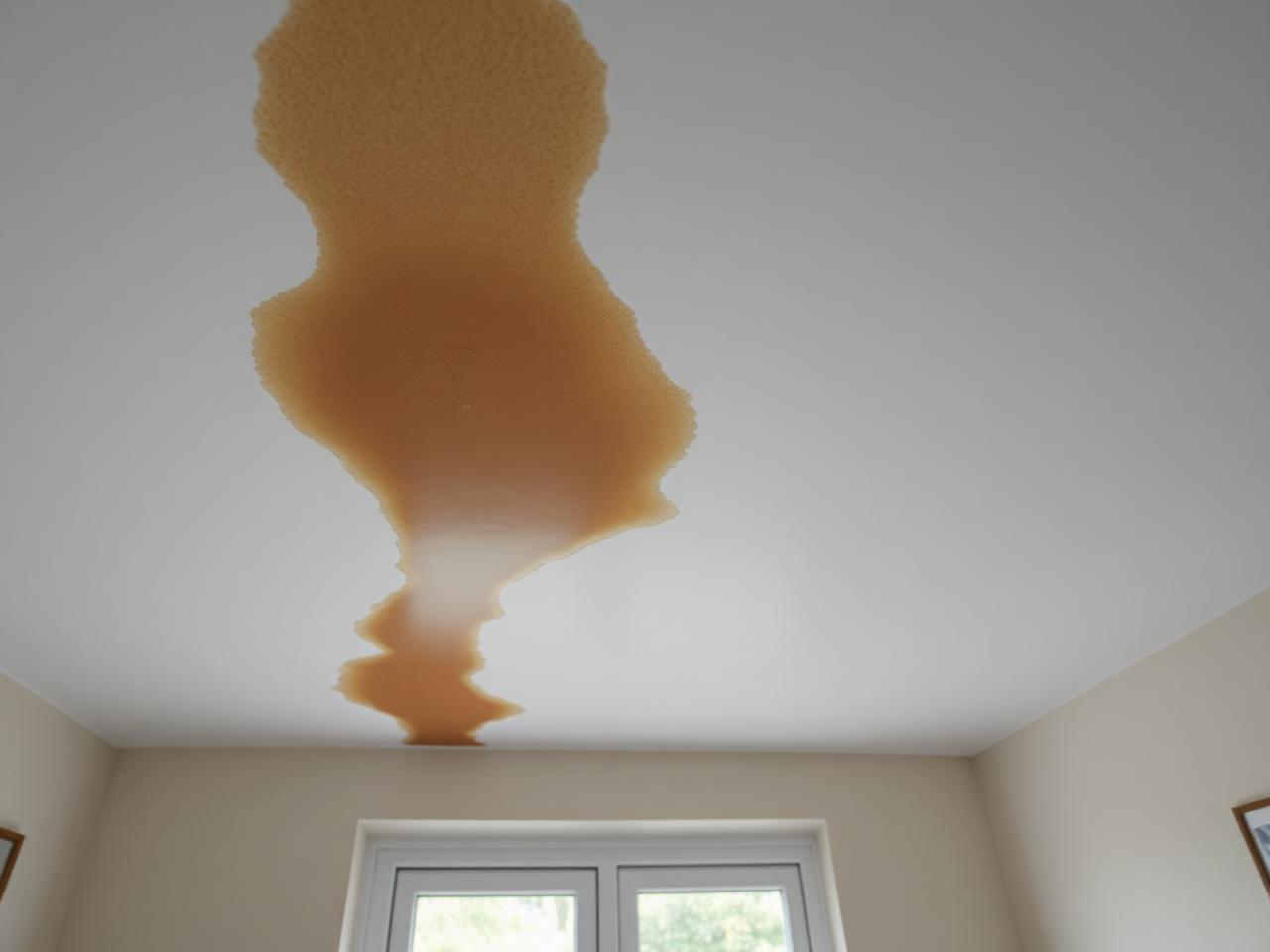 Brown water stain spreading across a bedroom ceiling below a roof leak in a British home during wet weather