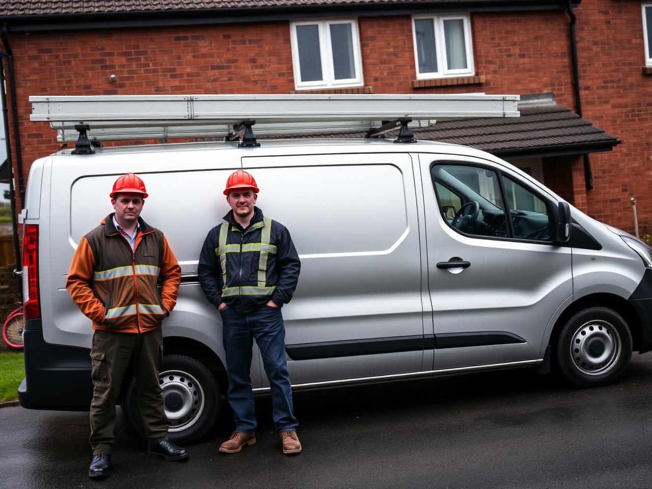 Two roofers in workwear standing beside a silver work van with roof ladders outside a Cumbrian house on a grey day