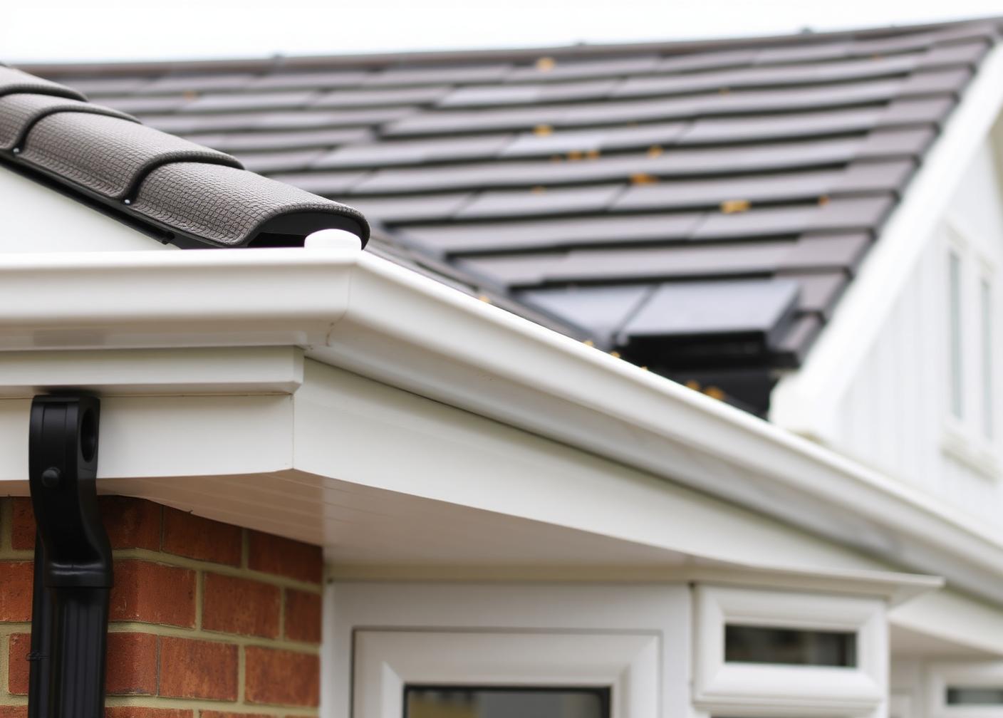 Newly fitted white uPVC fascias and soffits with black guttering along the eaves of a British house on an overcast day