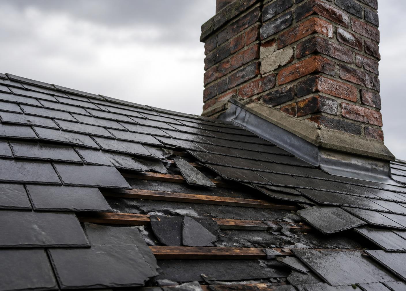 Storm-damaged roof with slipped and missing slates on an exposed Cumbrian property