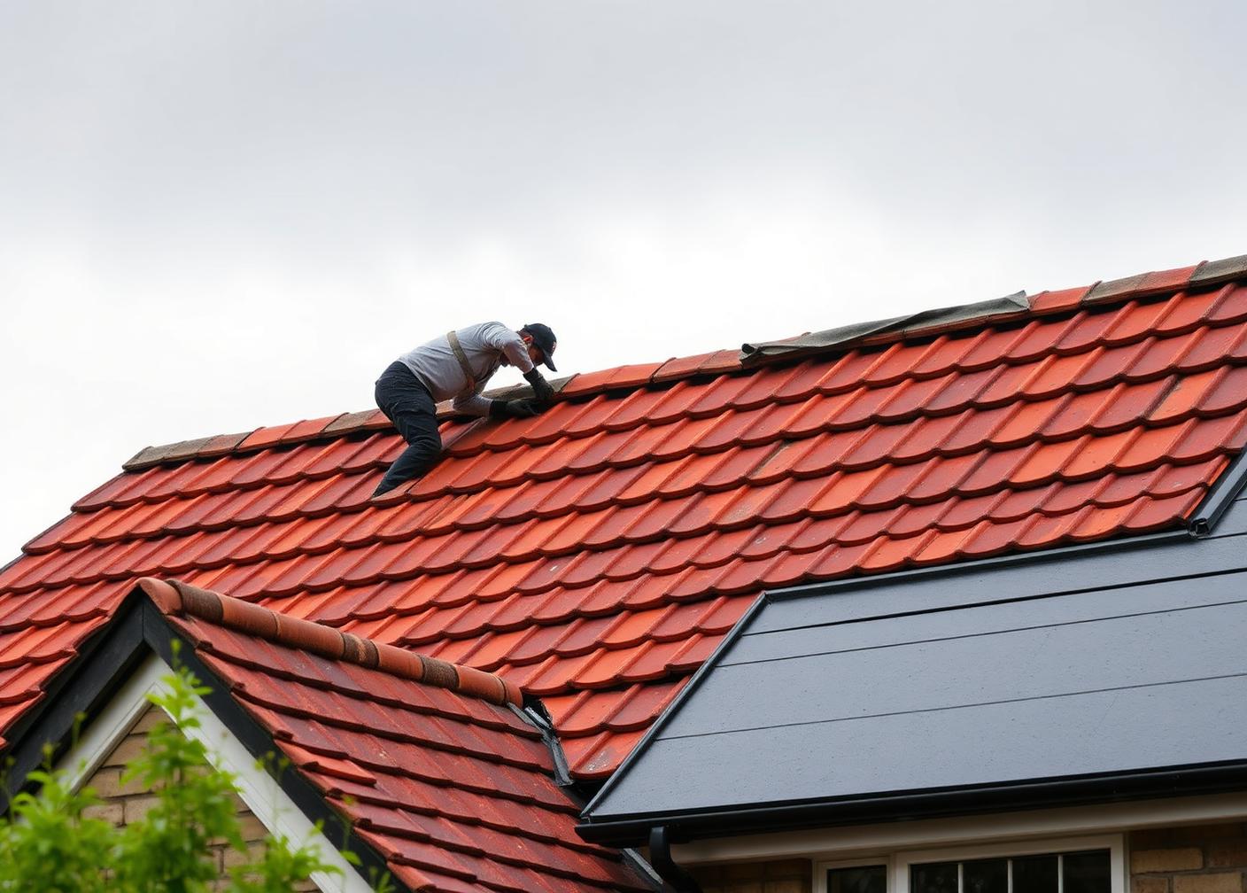 Roofer bedding a new ridge tile on a clay and concrete tiled pitched roof in Cumbria under a grey drizzly sky